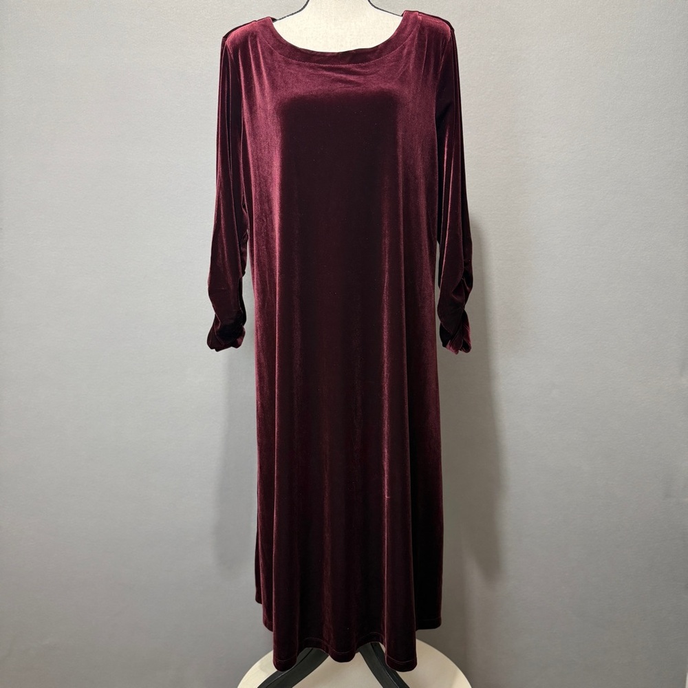 Susan Graver Burgundy Velvet Long Dress Sz XL Holiday Ruched Sleeve Red Stretch